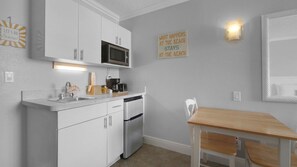Fridge, microwave, coffee/tea maker, toaster