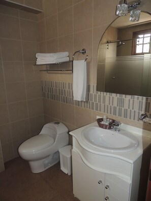 Shower, free toiletries, towels, soap