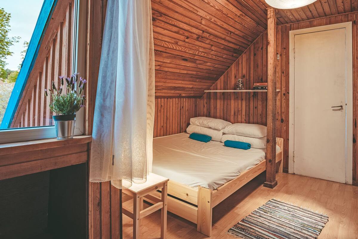 A wooden room with a bed, a small table, a potted plant, and a window with curtains.