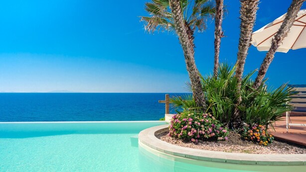 A pool with a clear view of the sea, surrounded by palm trees and flowers. - Villa Laura in Punta Tramontana - Castelsardo (CASTELSARDO)