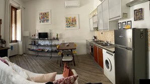 A compact living space with a sofa, a dining table, a TV, a washing machine, and a kitchen area with a sink and stove.