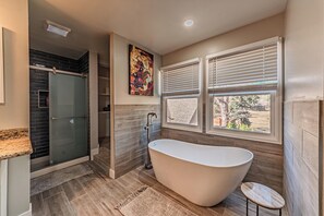 Combined shower/tub, hair dryer, towels, soap