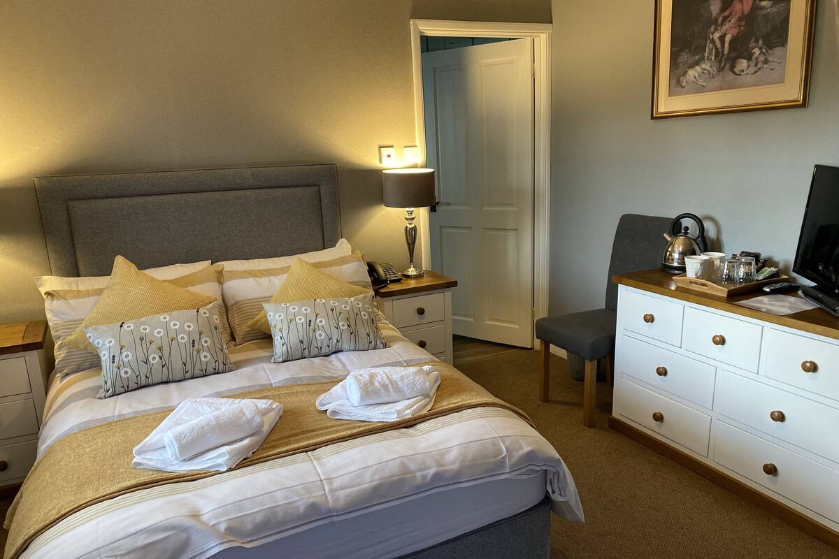A neatly made bed with white linens and decorative pillows, a bedside lamp, a wooden nightstand, a chair, a dresser, and a television.