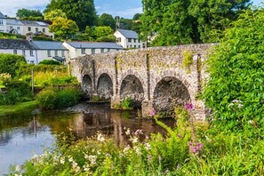 A stone bridge over a calm river, surrounded by lush greenery and residential buildings.