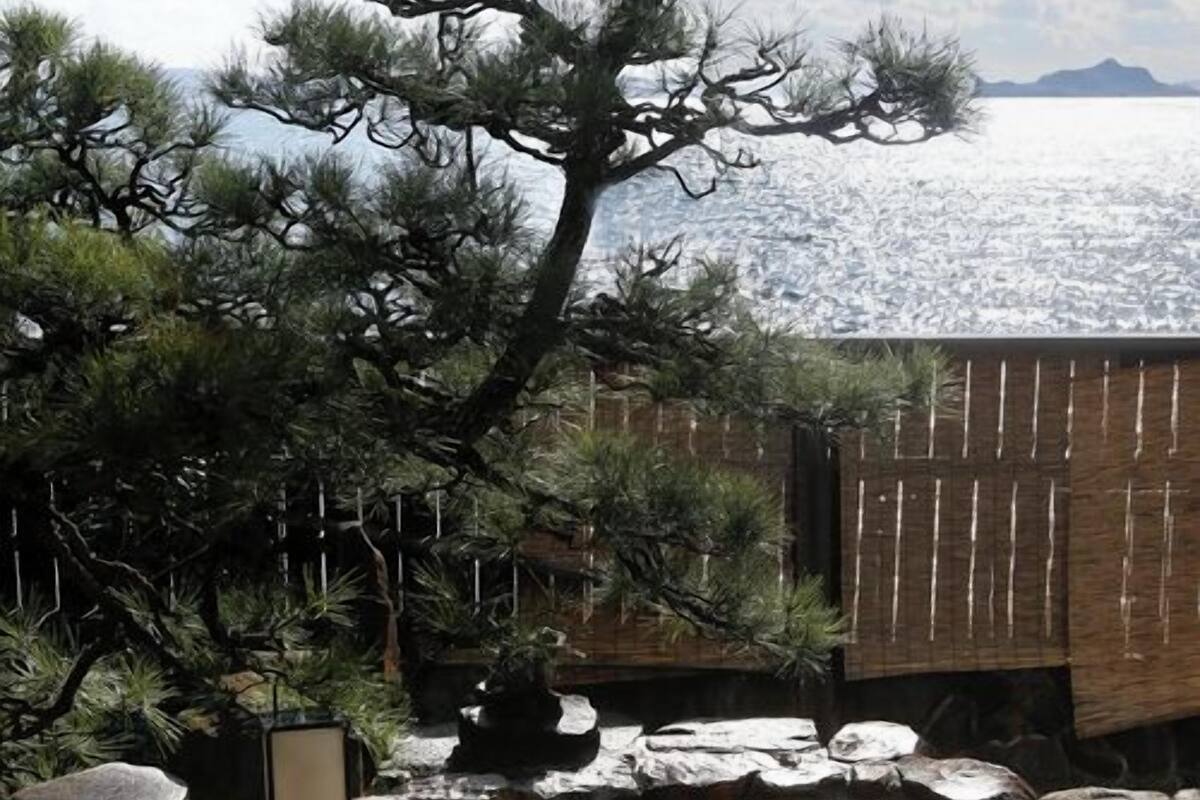 A traditional Japanese garden with a koi pond, rocks, and a pine tree.