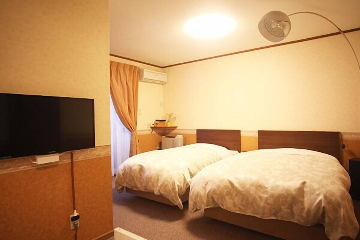 Hotellihuone, jossa on kaksi sänkyä, televisio, yöpöytä ja kattovalaisin.