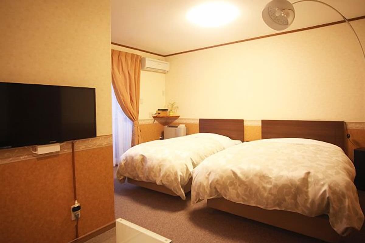 A hotel room with two beds, a television, a bedside table, and a ceiling light.