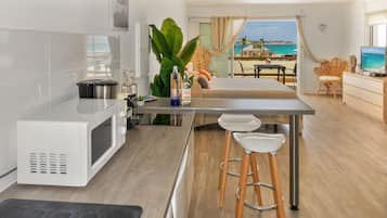 Fridge, microwave, stovetop, espresso maker