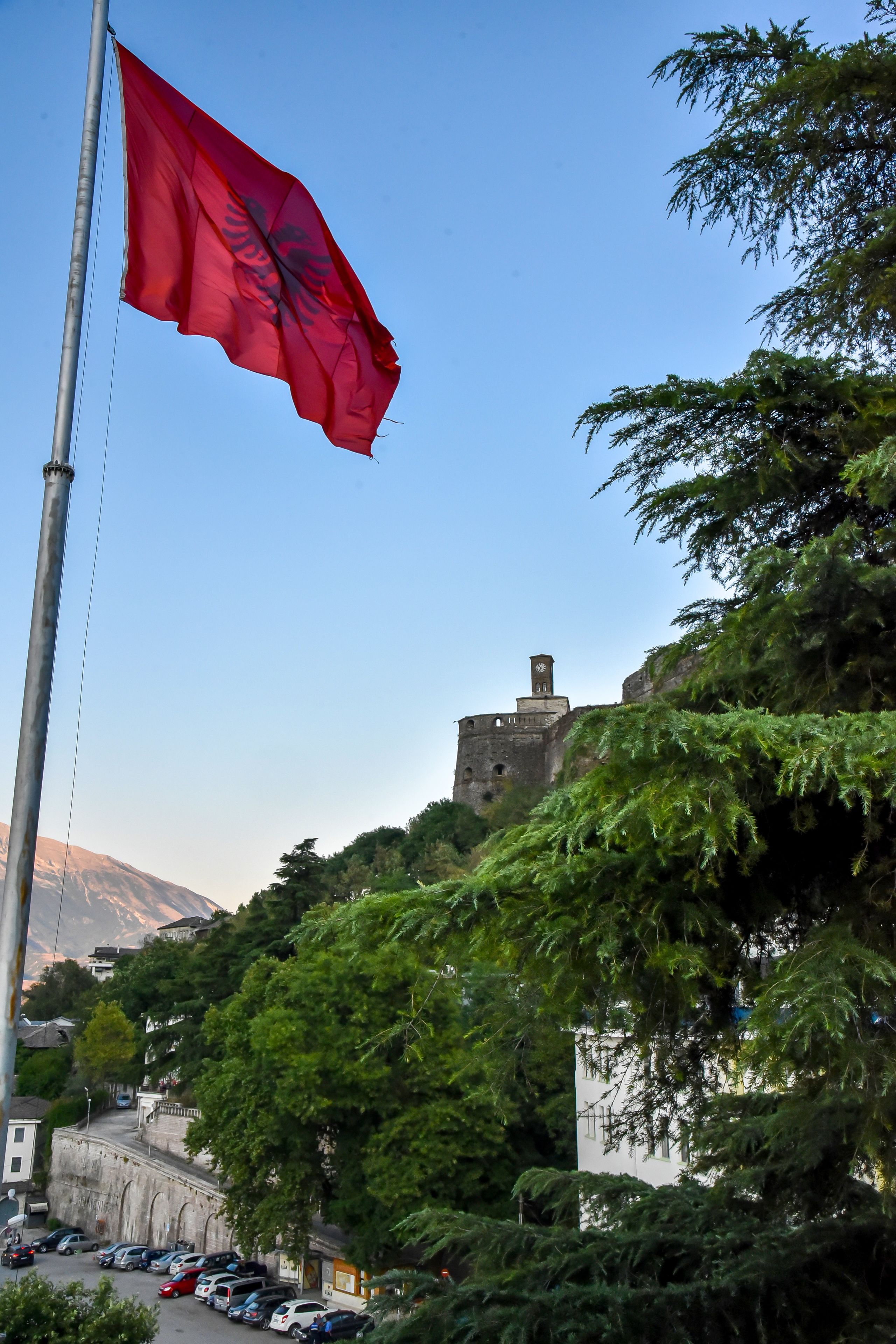 Una bandera en un asta, un edificio histórico y una calle con coches aparcados y árboles.