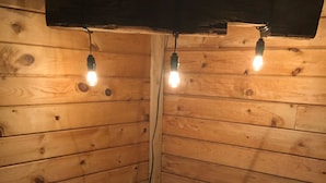 A wood-burning stove in a cabin with two light bulbs on the ceiling.