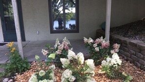 Un jardín con hortensias y un muro de piedra.