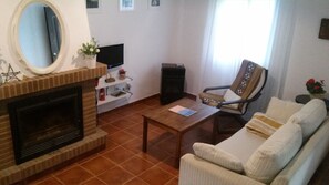 Ein Wohnzimmer mit Kamin, einer Couch, einem Couchtisch, einem Fernseher und einer kleinen Pflanze.