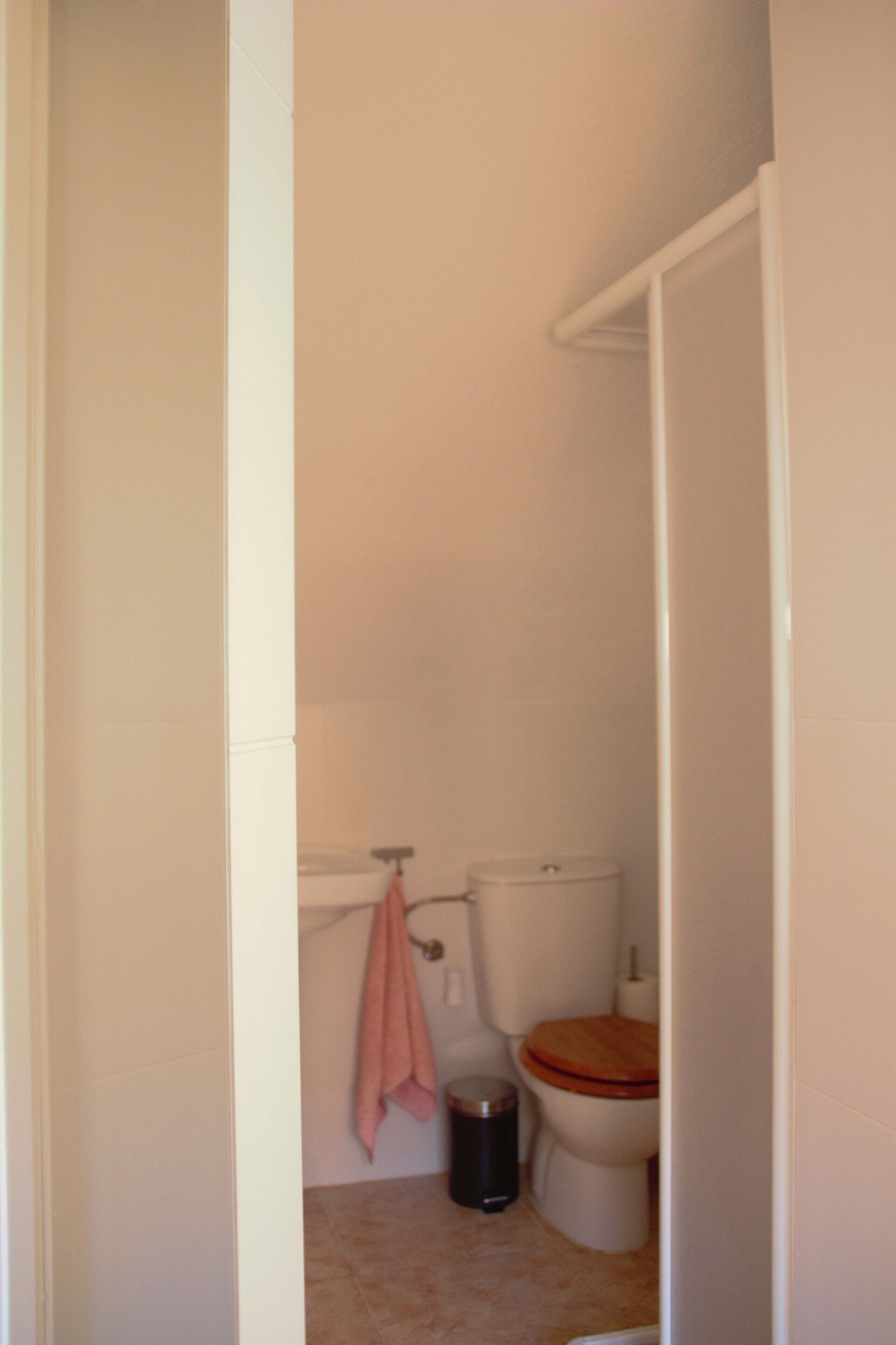 A bathroom with a toilet, a trash can, and a towel hanging on the wall.