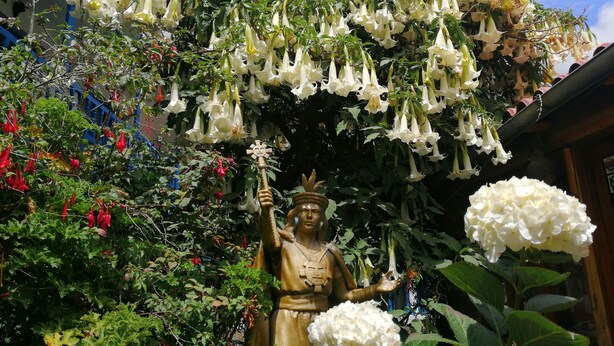 Una estatua sostiene un báculo con una gran flor blanca en una mano y una flor blanca más pequeña en la otra, frente a un exuberante jardín de flores blancas y follaje verde.