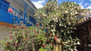 Una estatua en un jardín con un edificio azul al fondo.