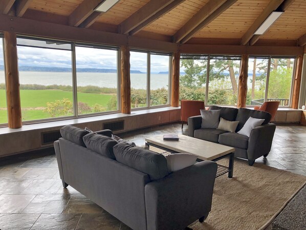 Fireplace, table tennis, books