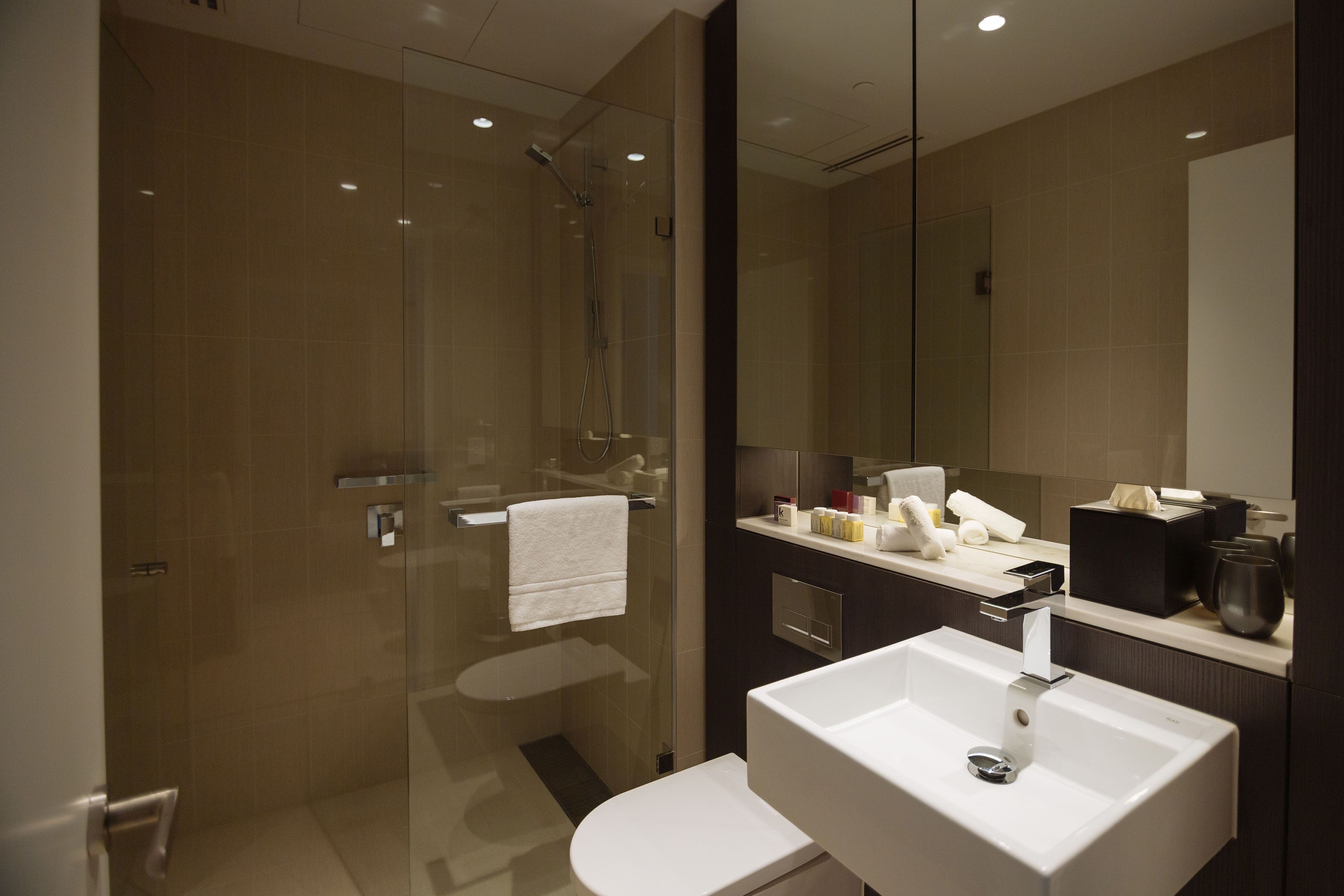 Un baño moderno con ducha envuelta en vidrio, un lavabo blanco y un espejo grande.