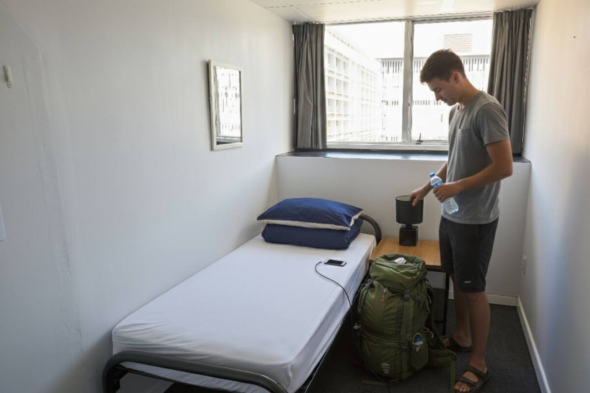 Un lit simple avec un oreiller bleu, une petite table de chevet avec une lampe, un sac à dos vert et une fenêtre avec des rideaux.