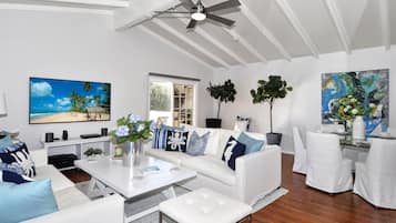 Een televisie, een open haard, boeken en een stereo