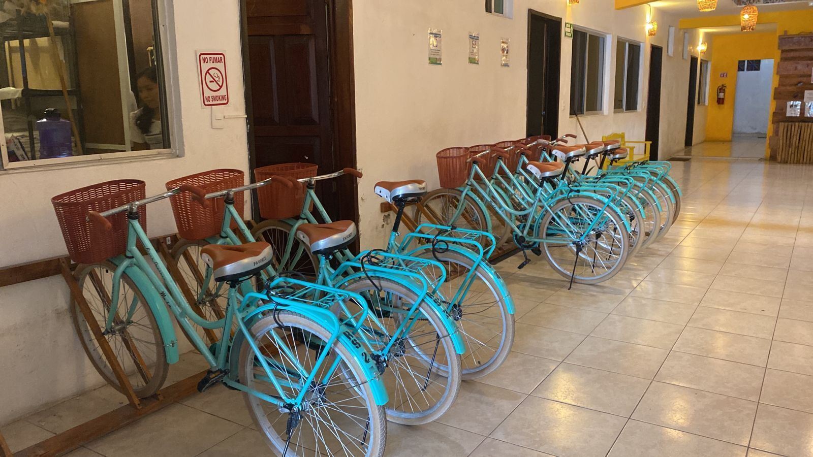 A row of turquoise bicycles with brown seats and baskets, lined up against a wall with a 'No Smoking' sign.