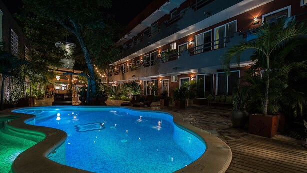 Una piscina con forma singular, rodeada por una terraza de madera y plantas en macetas.