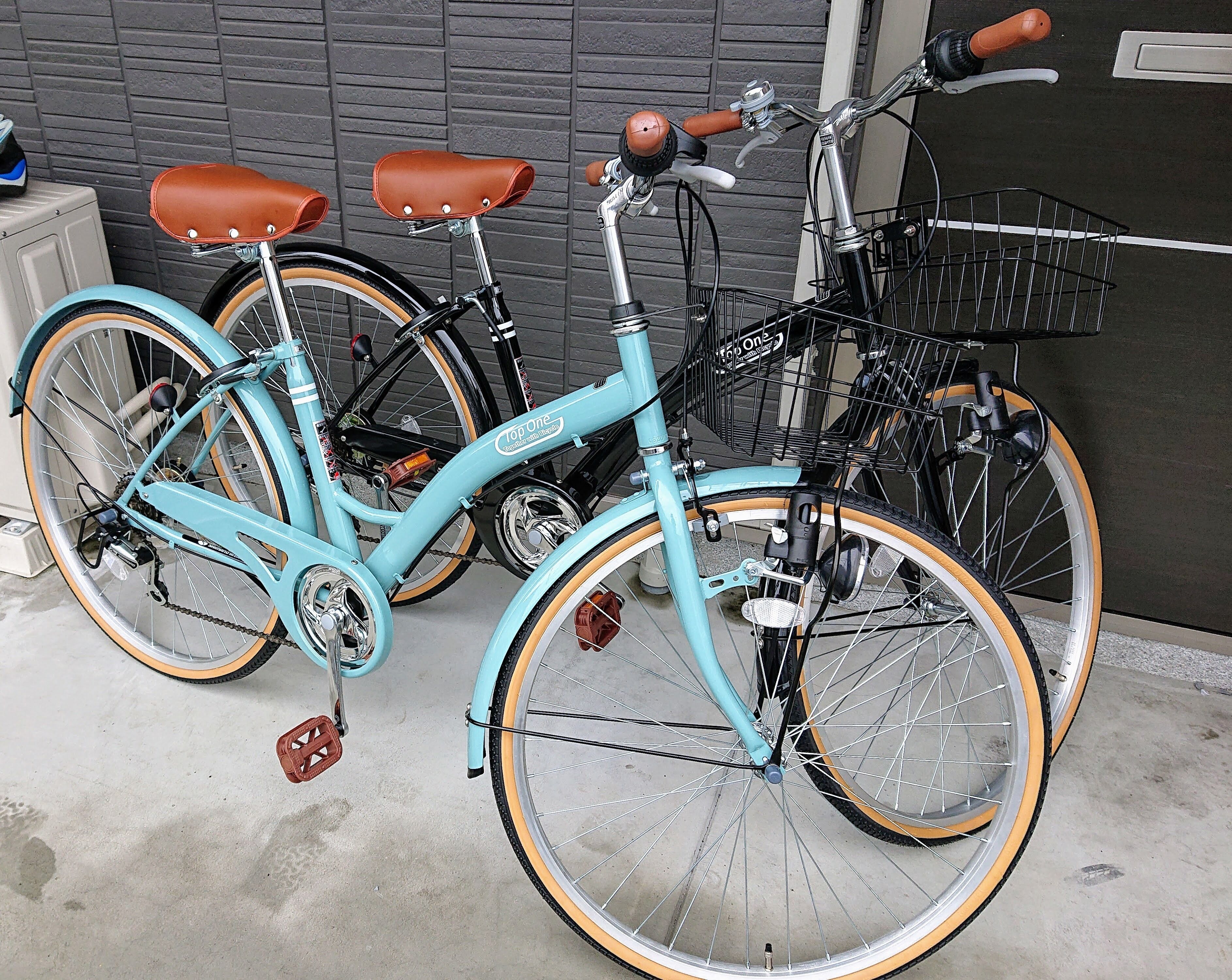 A turquoise bicycle with brown leather saddles, a basket, and a kickstand, parked on a concrete surface.