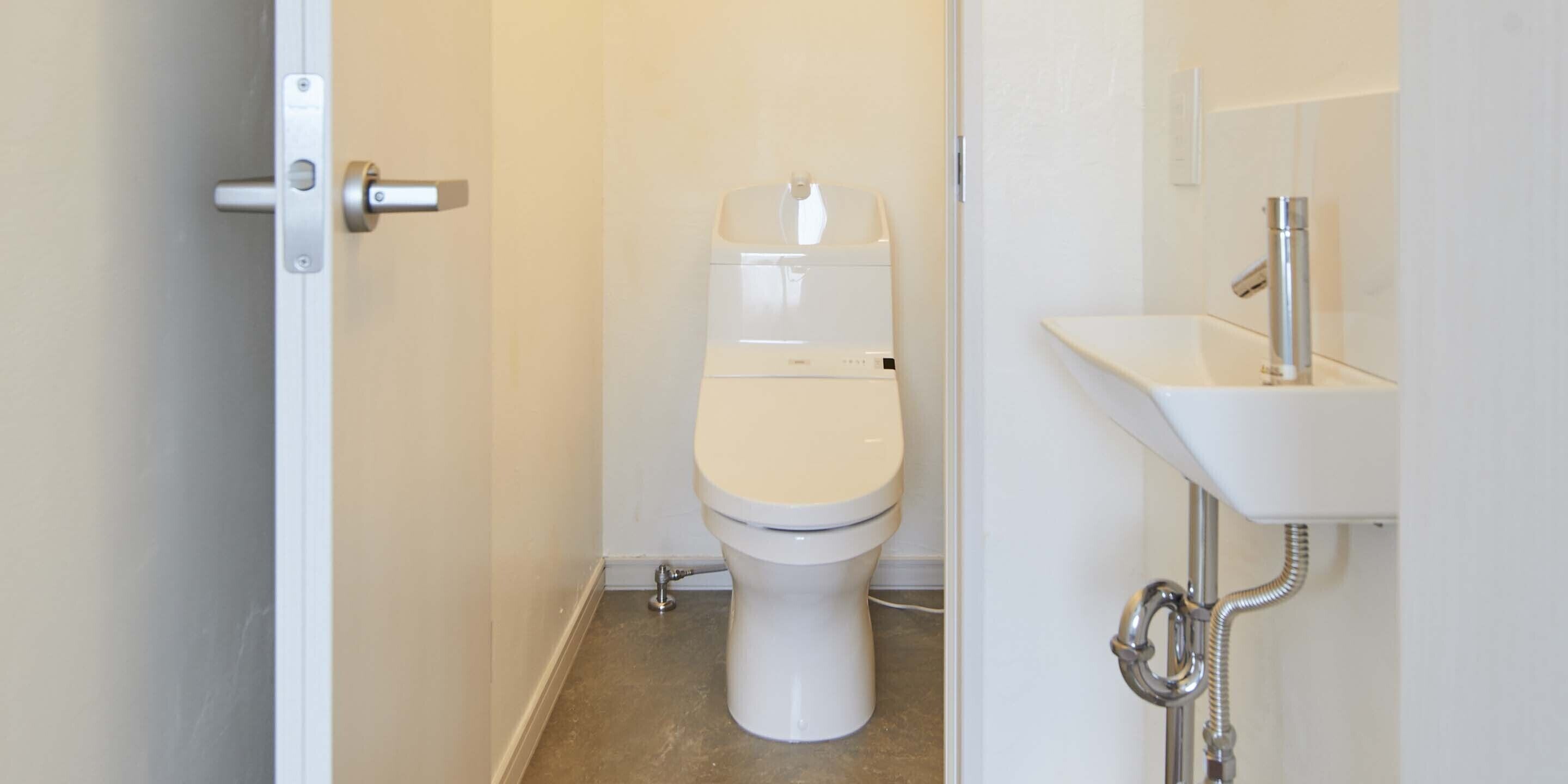 Een kleine, schone badkamer met toilet en wastafel.