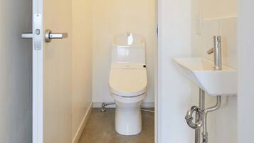 Een kleine, schone badkamer met toilet en wastafel.