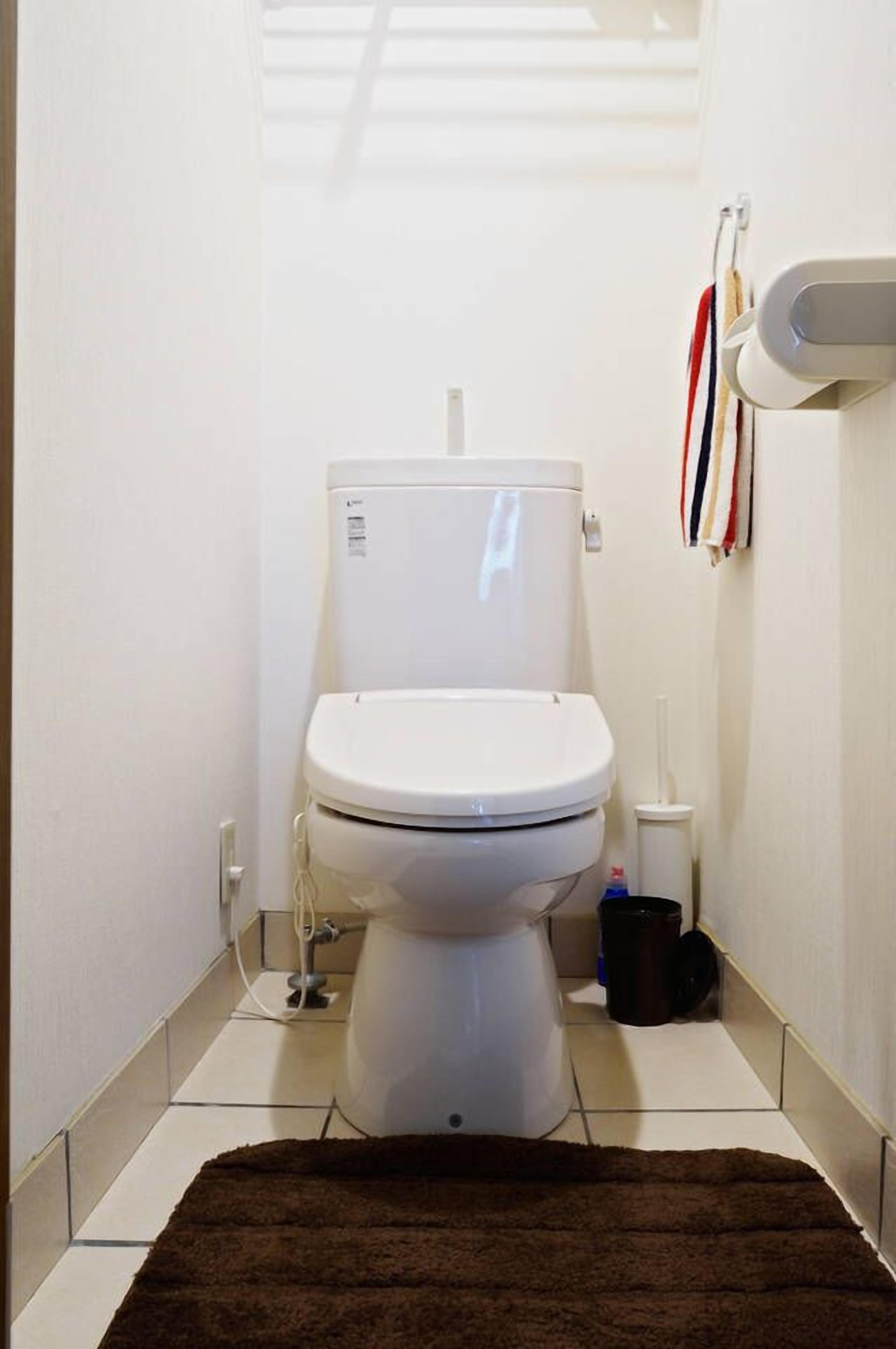 A small, clean bathroom with a white toilet, a brown rug, and a towel rack with a striped towel.
