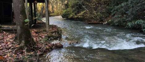 A river flowing through a forested area with a wooden structure on the left.