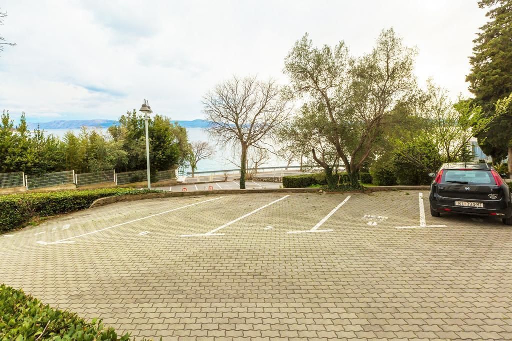 Un área de estacionamiento con espacios delimitados, árboles y vista al mar.