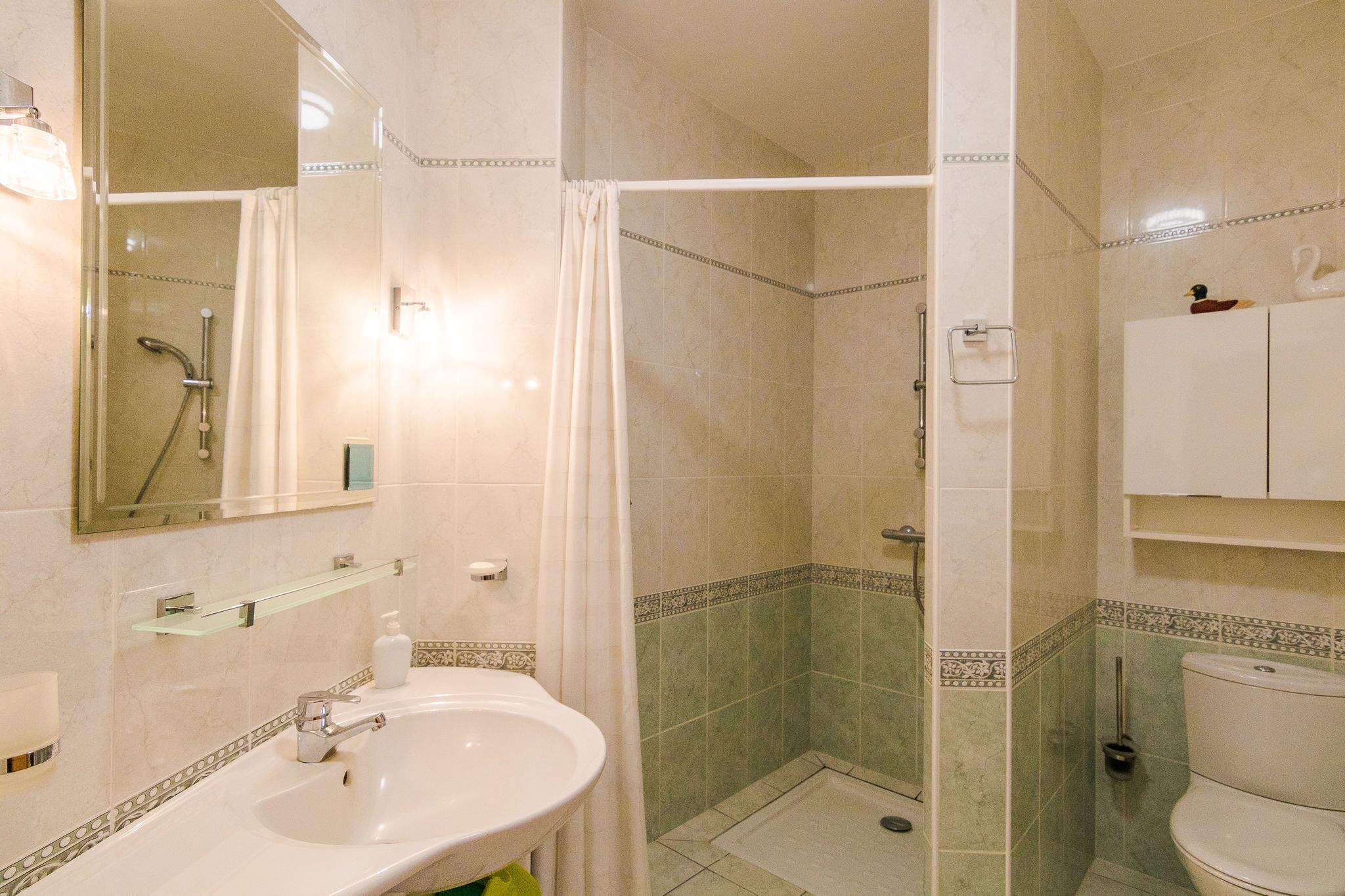 Un baño con lavamanos, espejo, ducha, inodoro y un armario.