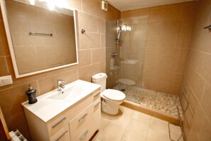 Une salle de bain avec un lavabo, des toilettes et une douche.