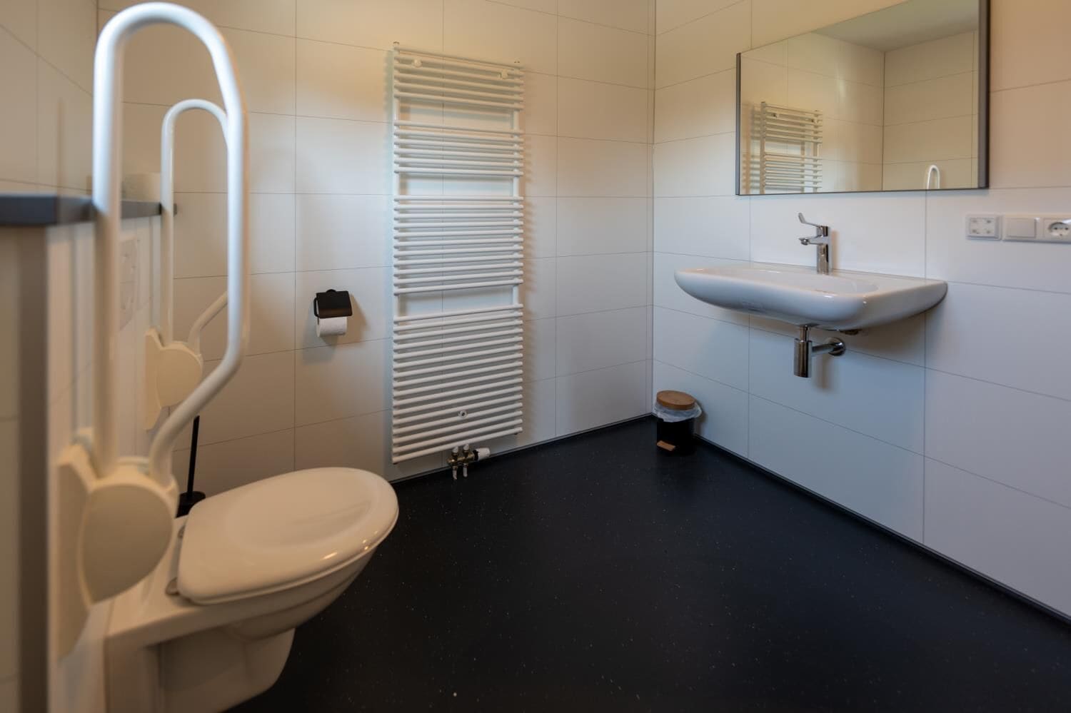 A modern bathroom with a toilet, a sink, and a radiator.