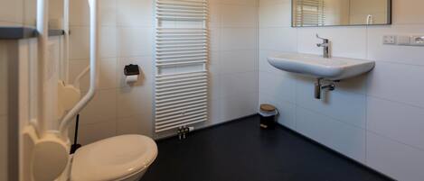 A modern bathroom with a toilet, a sink, and a radiator.