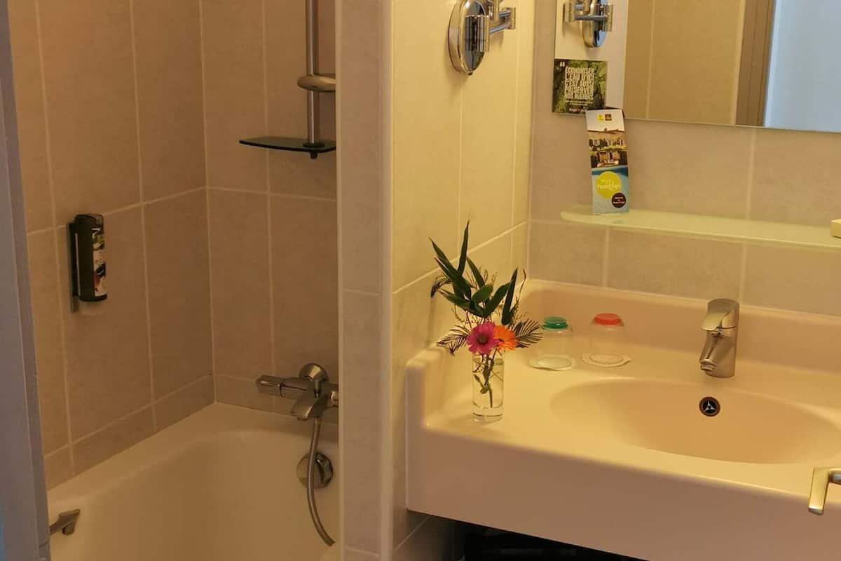 standard double room, 1 king bed | bathroom | hair dryer, towels, soap, shampoo