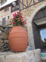 Una maceta de terracota con flores rojas sobre un alero de piedra frente a un edificio con muro de piedra y vigas de madera.
