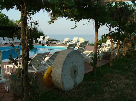 Outdoor pool, pool umbrellas, sun loungers