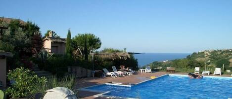 Outdoor pool, pool umbrellas, pool loungers