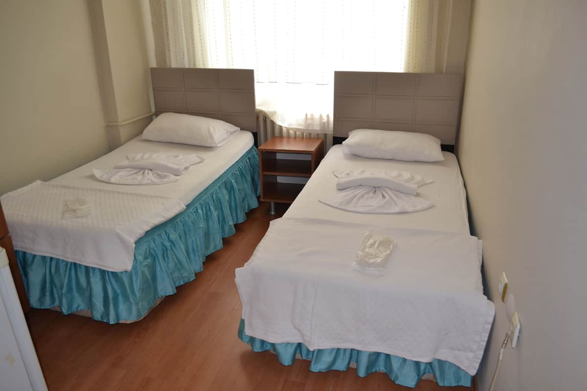 Two twin beds with white linens and teal skirts, a wooden nightstand, and a window with curtains.