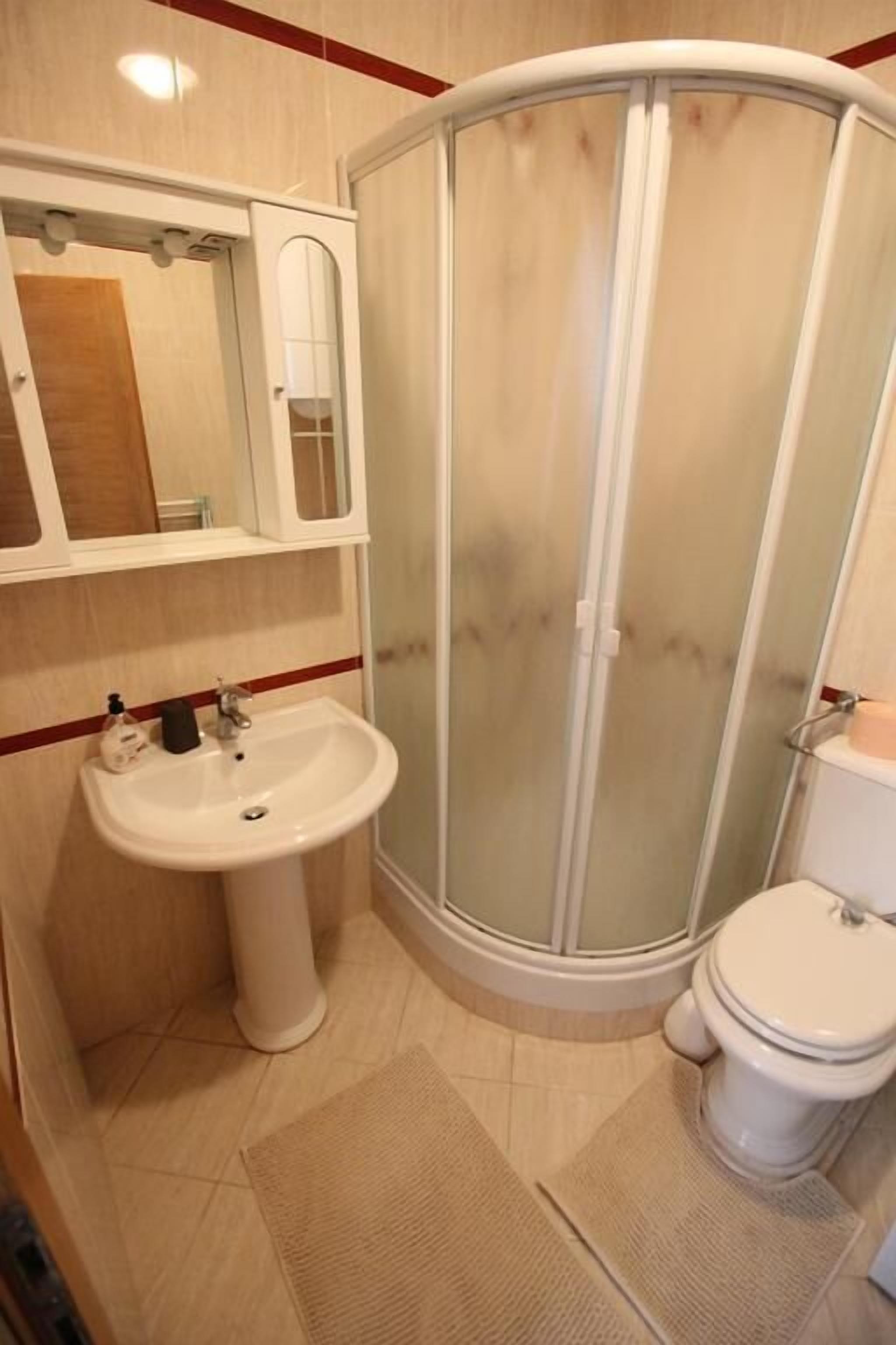 Ein Badezimmer mit weißem Waschbecken, einem Spiegel, einer Toilette und einer Duschkabine.