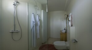 Un baño moderno con cabina de ducha de vidrio, inodoro y lavamanos.