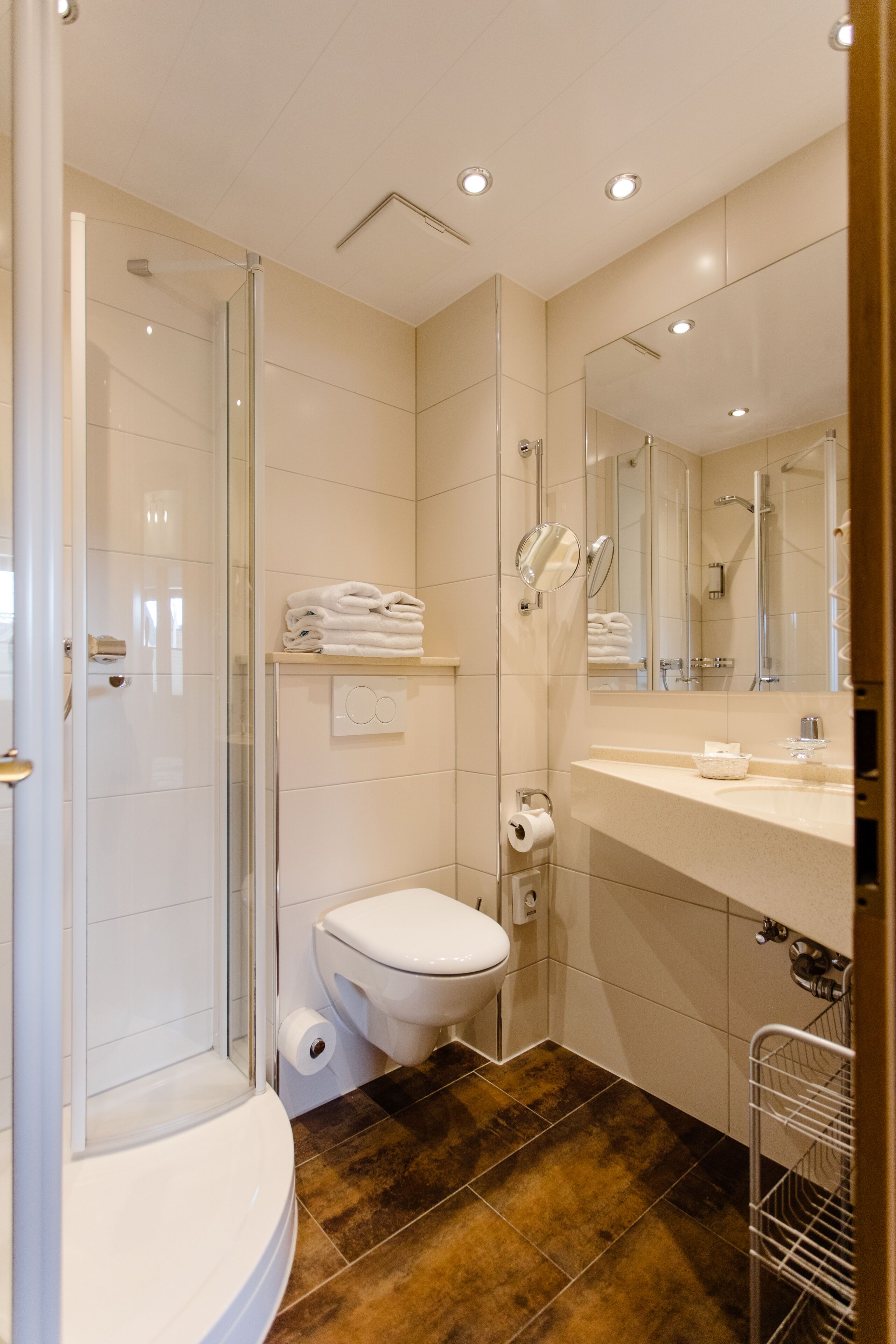 A modern bathroom with a glass shower enclosure, a toilet, a sink with a mirror, and a towel rack.