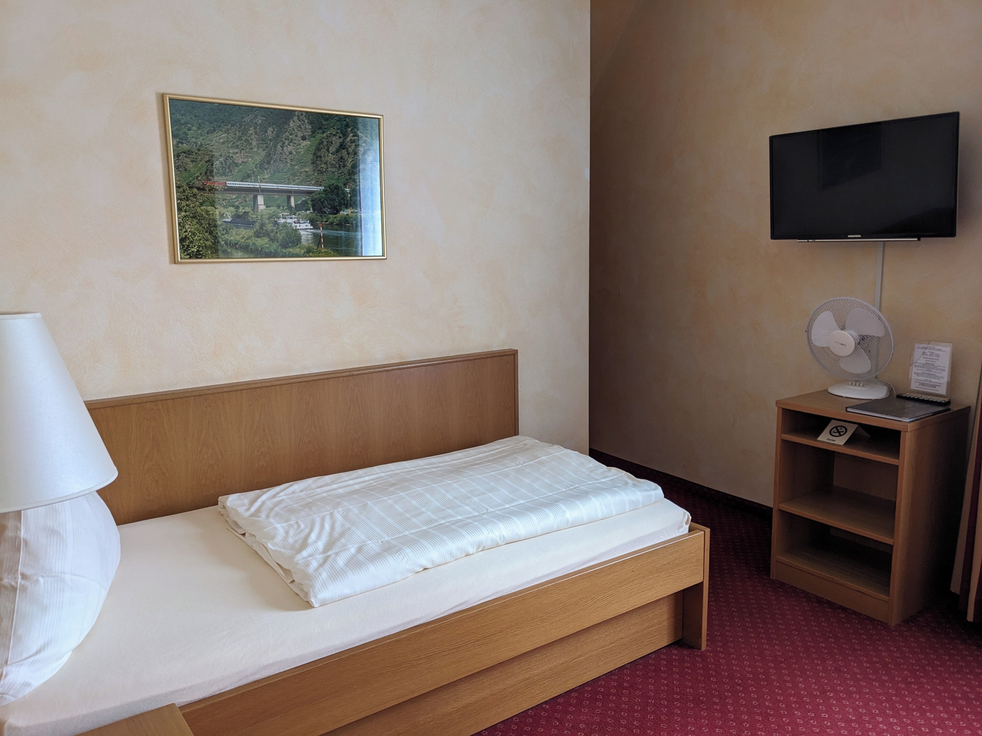 A hotel room with a bed, a TV, a fan, and a painting on the wall.