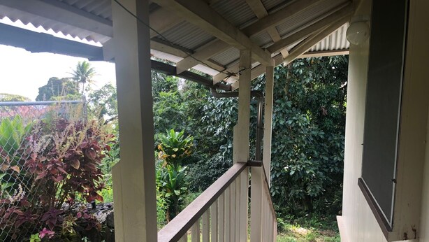 Una terraza cubierta de madera con barandilla metálica, rodeada de exuberante vegetación y diversas plantas.