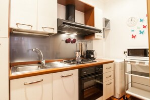 A compact kitchen with a stainless steel sink, a stove, and a microwave. - Casa Zeffiro, two minutes walk from Trevi Fountain (Roma)