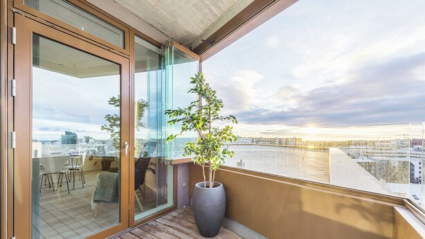A balcony with a wooden floor, a large potted plant, and a glass door leading to an indoor area with a table and chairs. - Sif Apartments by Heimaleiga (Reykjavik)