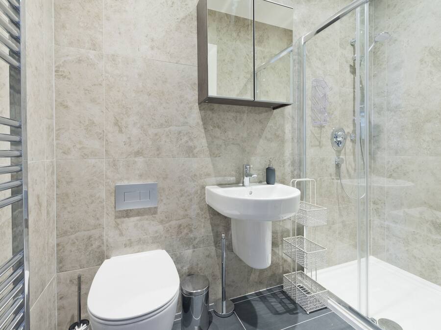 A modern bathroom with a glass shower enclosure, a white sink, and a toilet.