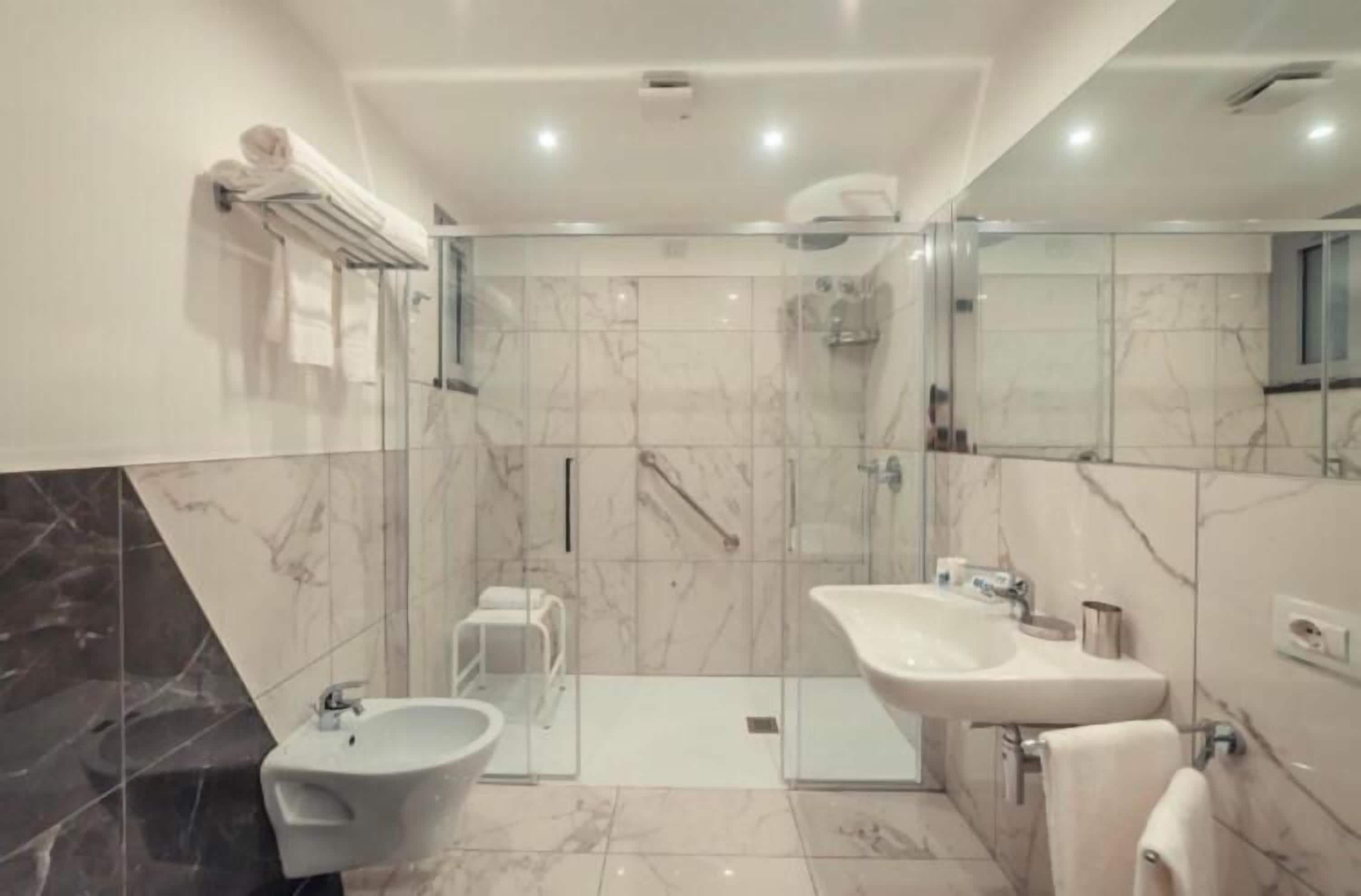 A modern bathroom with a bidet, a glass shower enclosure, and a large mirror.