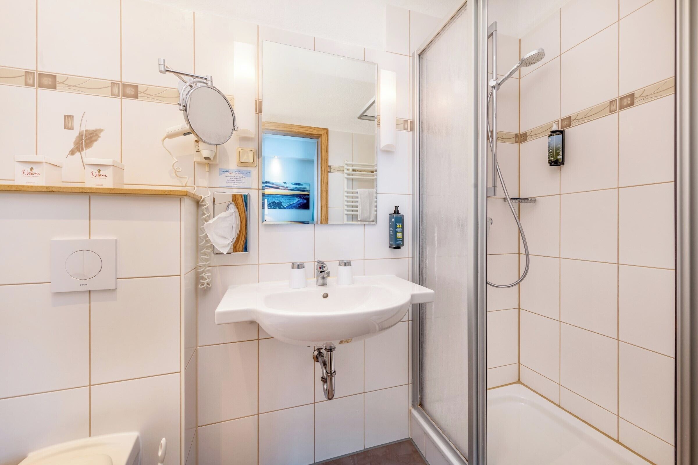A modern bathroom with a white sink, a mirror, a shower, and a toilet.